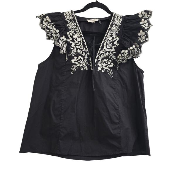 Elan Women’s Black Blouse Embroidered Eyelet Lace Ruffle Resortwear Boho M - Picture 1 of 7